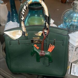 Chic Green Satchel with Scarf and Charm